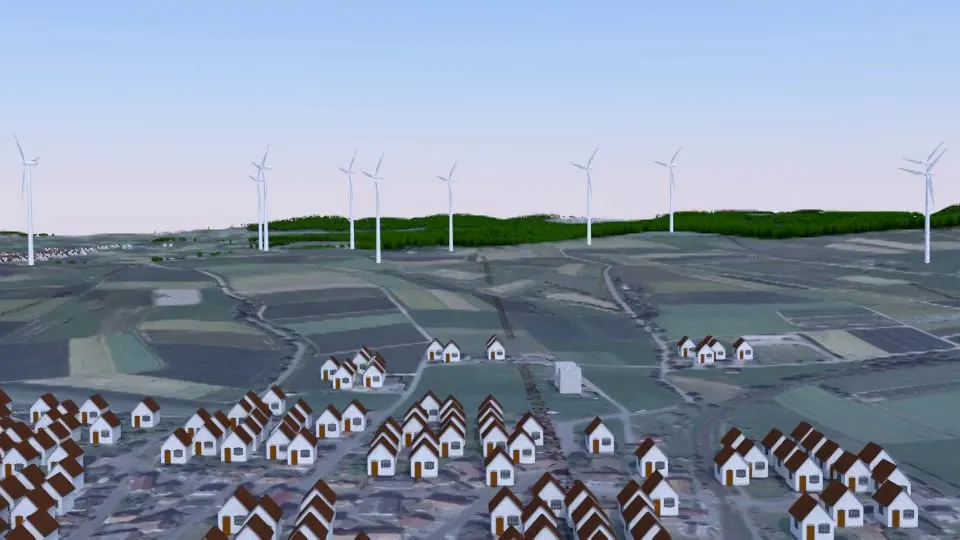 3D-Sichtbarkeitsanalyse Windpark Bargteheide aus der Ortslage — eigene Visualisierung des Büros